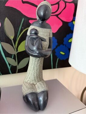 Haitian Folk Art Stone Mother & Child Sculpture Signed Handmade